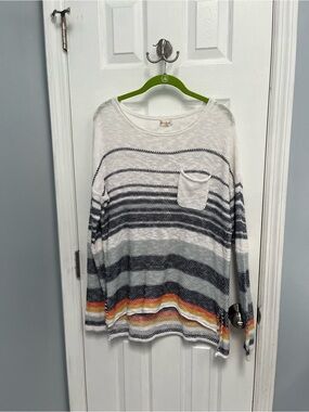 Hem and Thread Pullover Multi Striped Sweater Oversized Cozy Cotton Womens Med